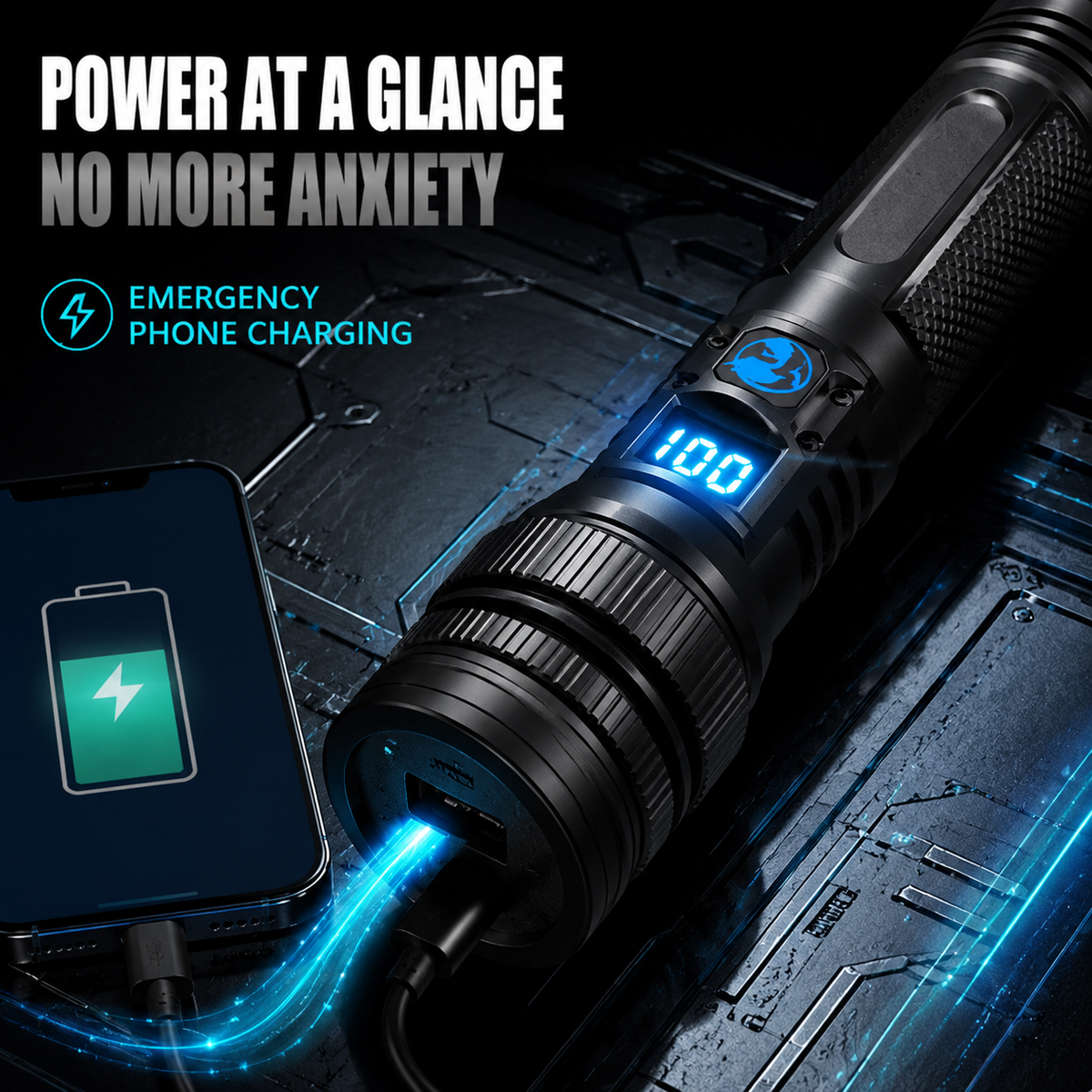 🔦 High-Power Rechargeable Zoom Flashlight with Digital Battery Display & Power Bank