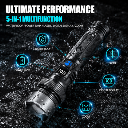🔦 High-Power Rechargeable Zoom Flashlight with Digital Battery Display & Power Bank