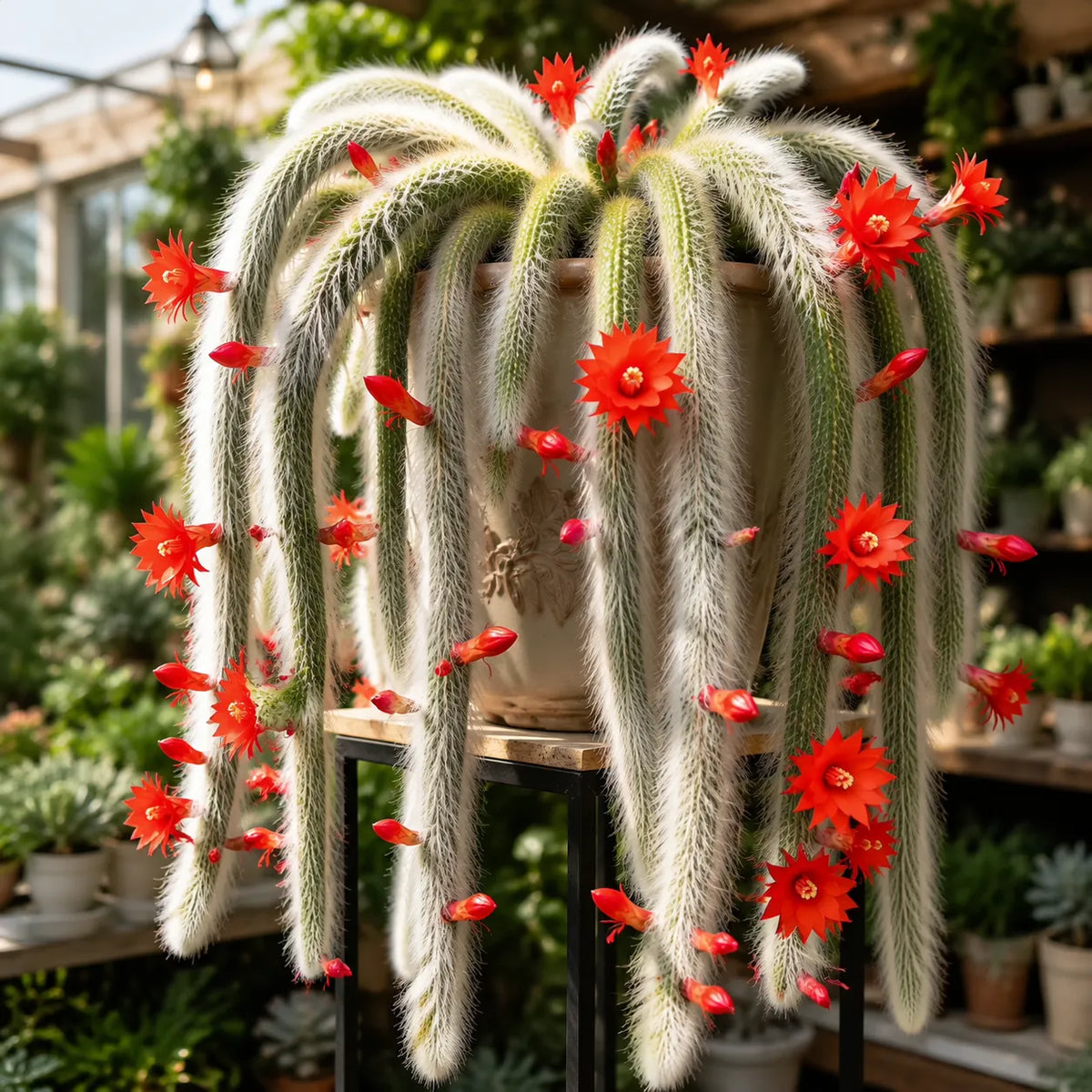 Mature trailing Monkey Tail Cactus displayed in a hanging planter