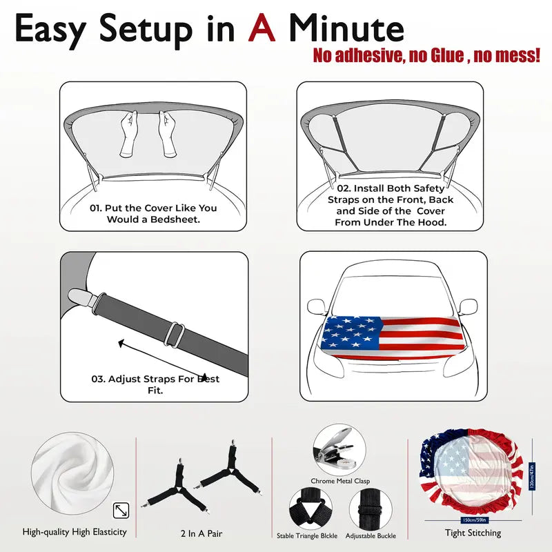 🇺🇸🚗American Flag Car Hood Cover With Dual Triangle Clips