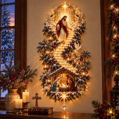 ✨ Jesus Christmas Wall Hanging – Illuminated Nativity Stairway Decor