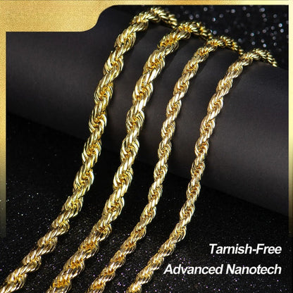 14K Rope Chain Necklace for Women and Men, Upgraded Shine Faceted Cut, Tarnish-Free Gold Tone Chain,