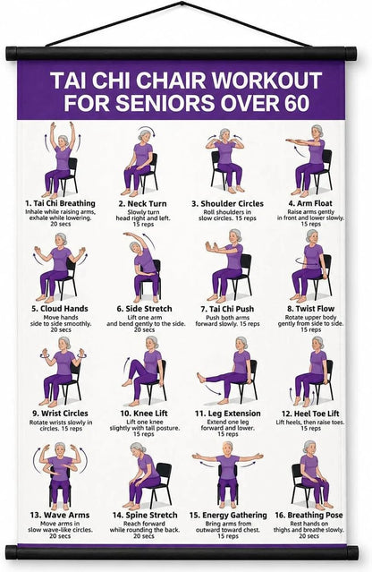 🏅Chair Tai Chi Workout Poster for Seniors – 16 Seated Exercises for Balance & Flexibility (16×24 in)