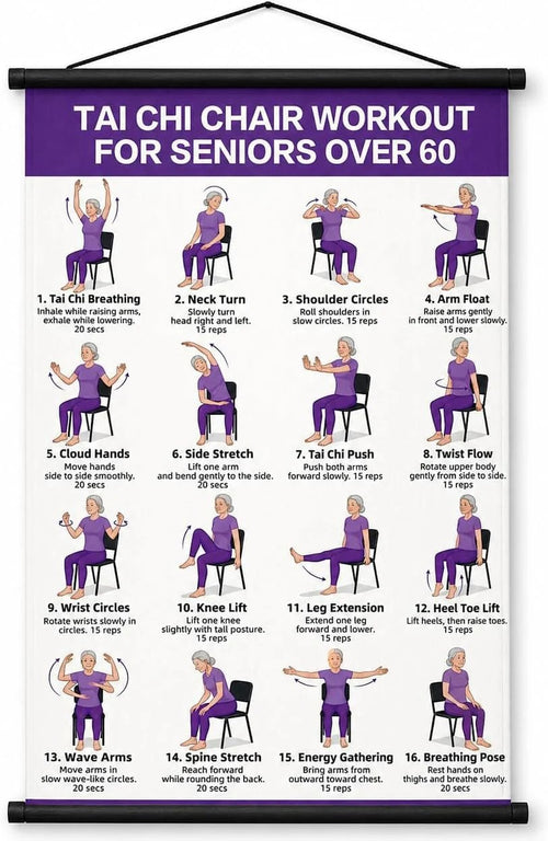 🏅Chair Tai Chi Workout Poster for Seniors – 16 Seated Exercises for Balance & Flexibility (16×24 in)