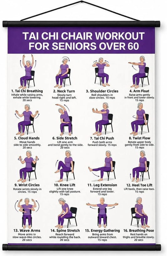 🏅Chair Tai Chi Workout Poster for Seniors – 16 Seated Exercises for Balance & Flexibility (16×24 in)