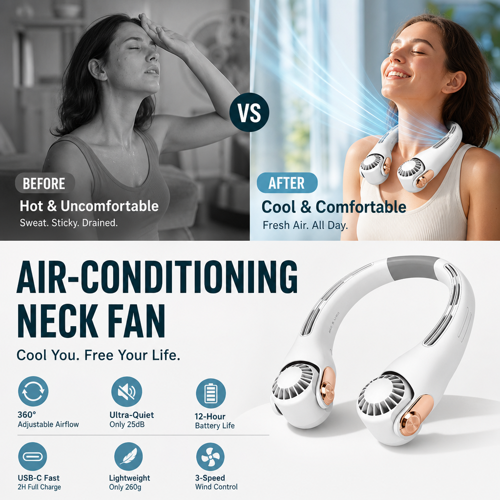 🥳2026 HOT SALE🥳💨50% OFF!🍃Neck Air Conditioner Fan – Ultra‑quiet, 360° rotating, 3 speeds. Hands‑free cooling, long battery. Summer essential! 😎🌬️
