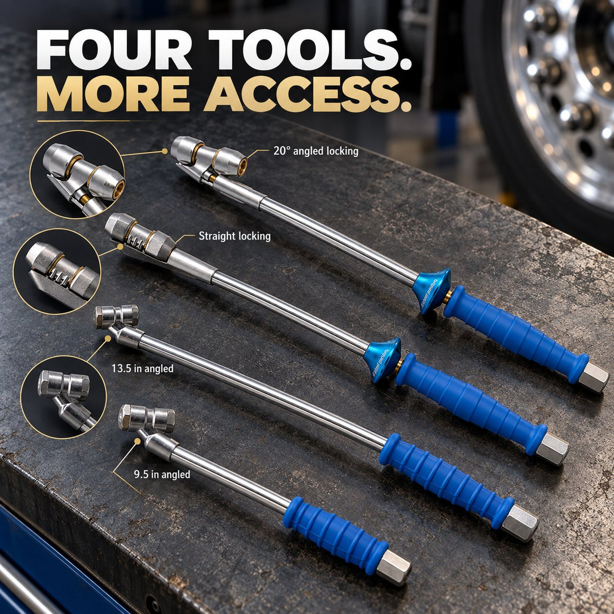 Comparison of straight locking, 20-degree angled locking, 13.5-inch long angled and 9.5-inch short angled tire inflation rods