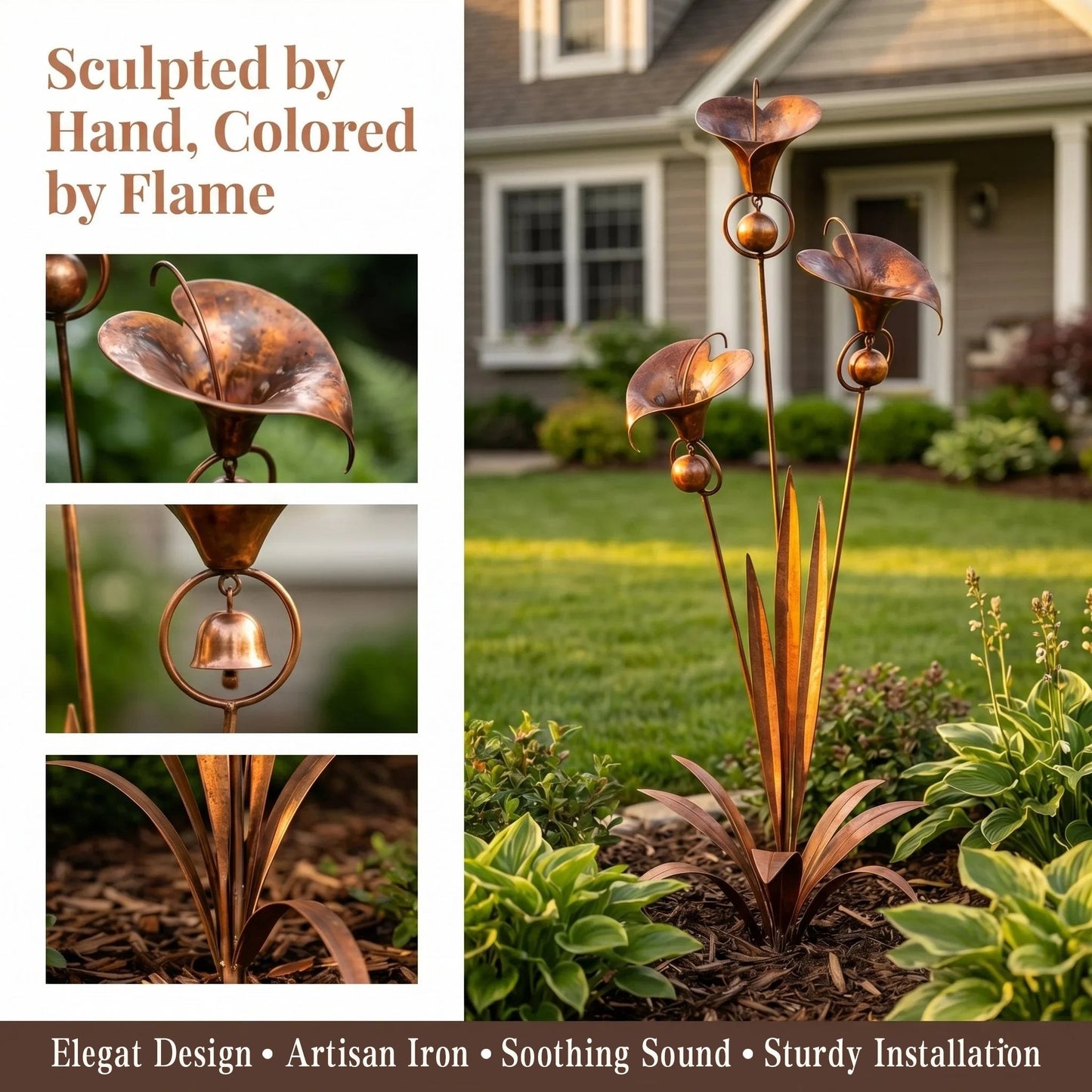 ⚡️Flash Sale🏡Flamed Copper Three Calla Lilies Garden Stake with Bells