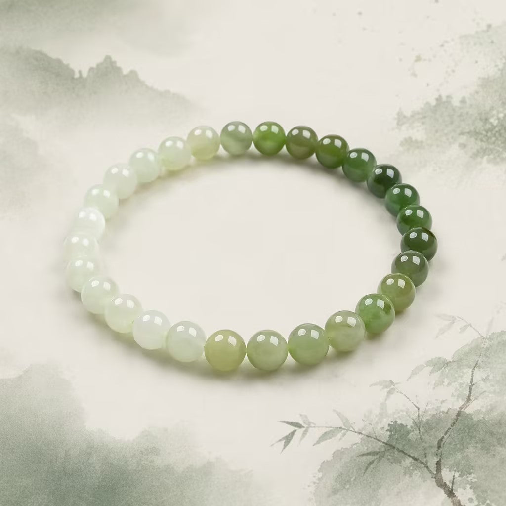 Natural Hetian Jade Bracelet | 6mm Gradient Green Healing Stone Bead Bracelet | Calming Energy, Stress Relief & Inner Peace | Vintage Box Gift for Women