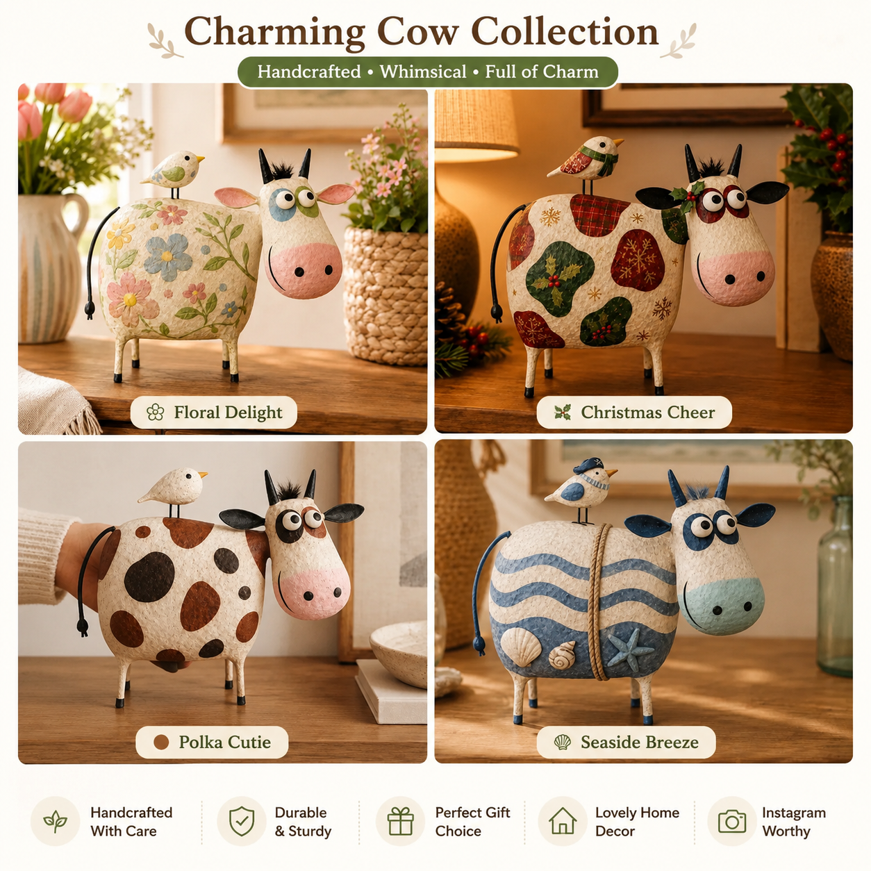 🔥Hot Sale🐮Whimsical Cow & Bird Folk Art Figurine – Rustic Farmhouse Tabletop Decor Gift
