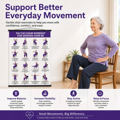 🏅Chair Tai Chi Workout Poster for Seniors – 16 Seated Exercises for Balance & Flexibility (16×24 in)