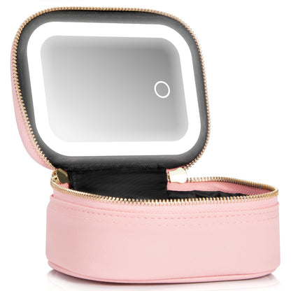 Mini Makeup Bag with Led Mirror, Small Travel Make up Bag 3 Light Modes Adjustable Brightness, for Women Organizer Cosmetic Bag, Portable Travel Train Toiletry Bag, for Pool Parties Work Touch-Ups