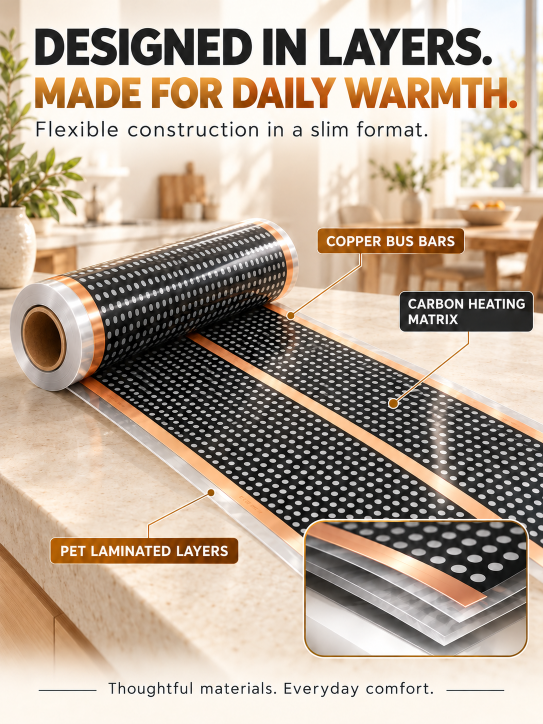 Layered graphene heating construction