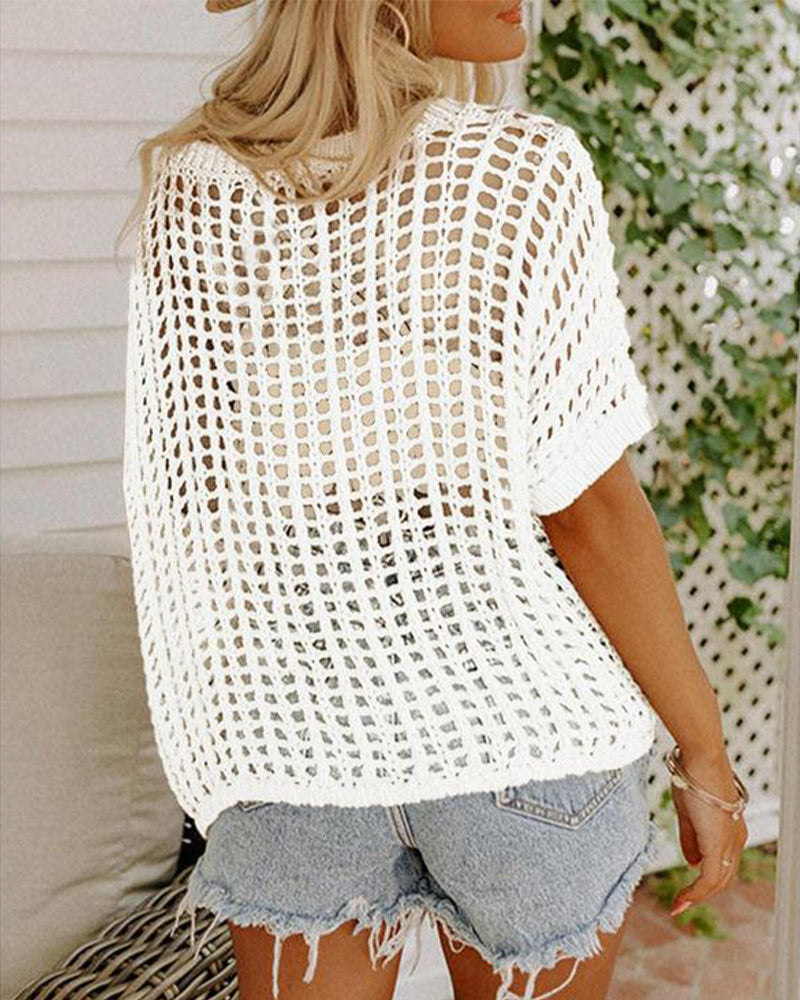 Damen Sommer Kurzarm Hohlstrick-Top Strandkleidung