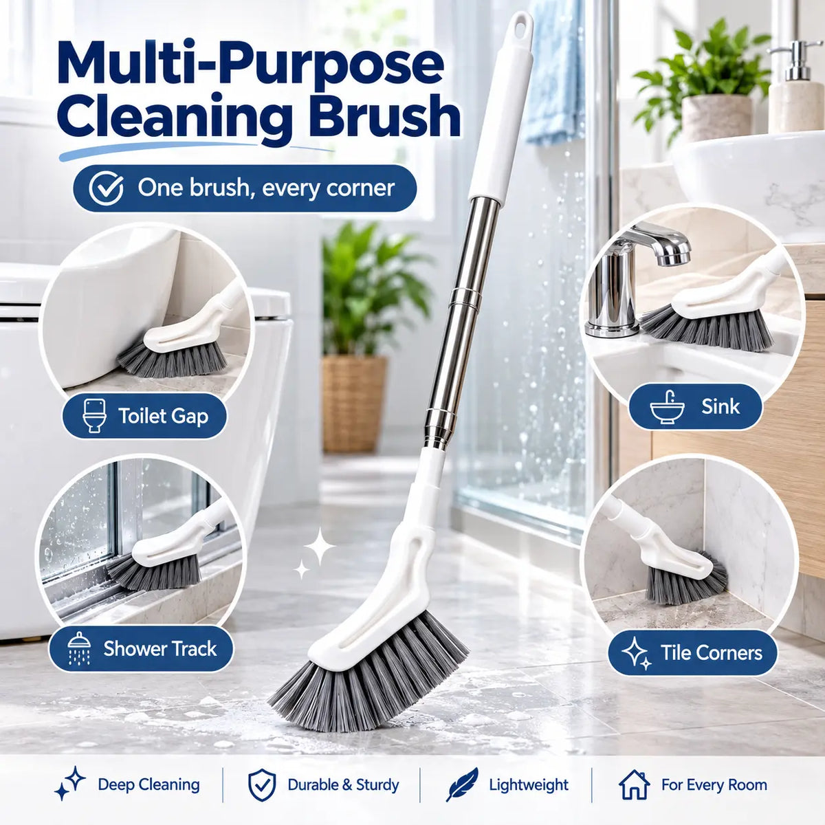 Telescopic cleaning brush shown around a toilet, sink, shower track and tile corner