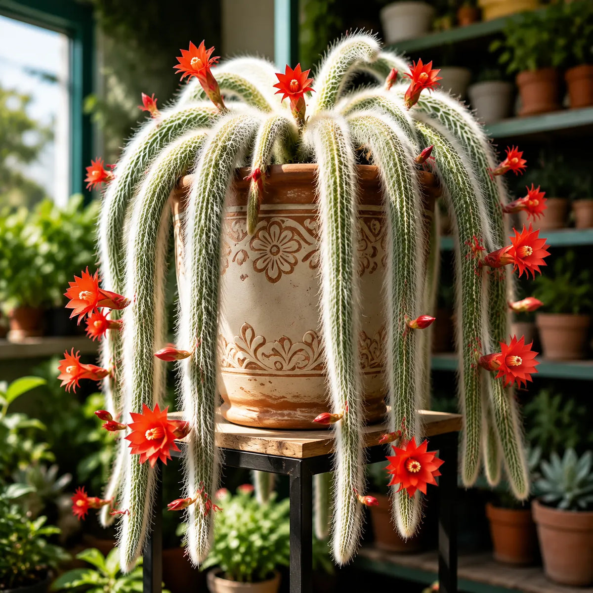 Monkey Tail Cactus with distinctive trailing white-haired stems