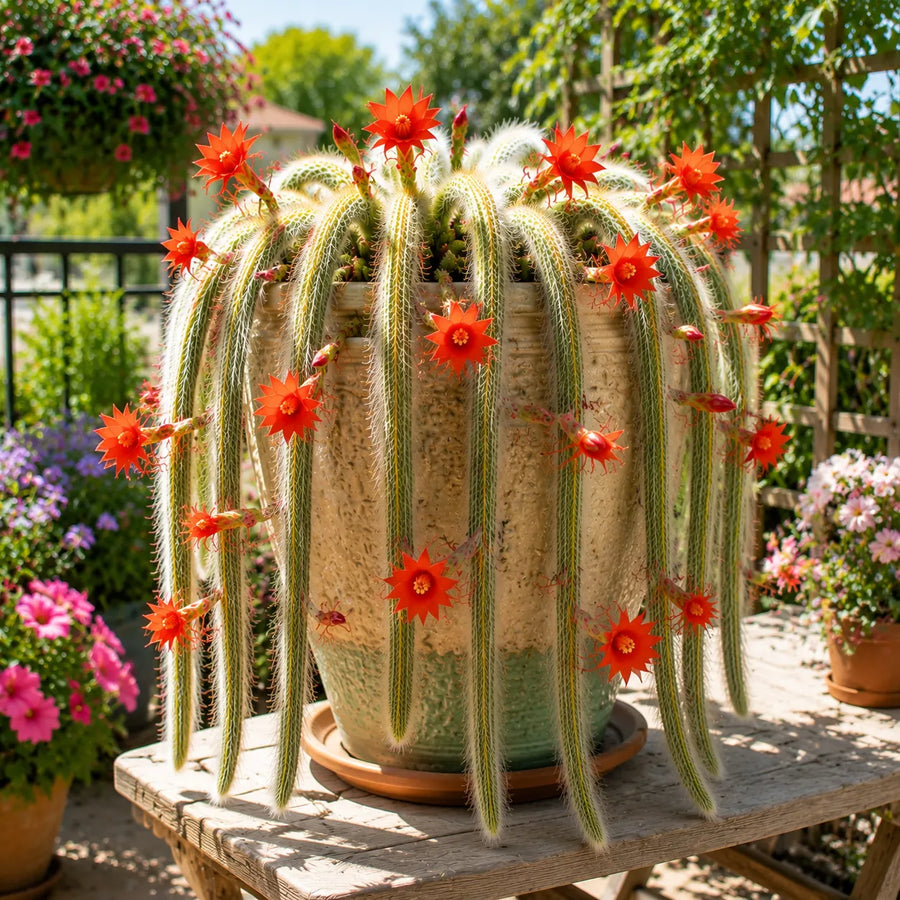 Monkey Tail Cactus styled in a bright plant display