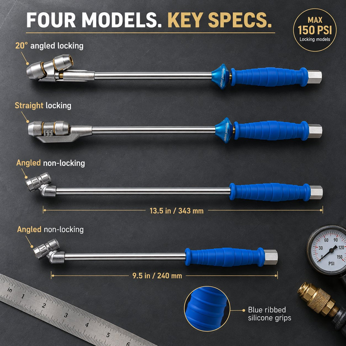 Product specification chart comparing four tire inflation rod models, lengths, locking functions and pressure rating