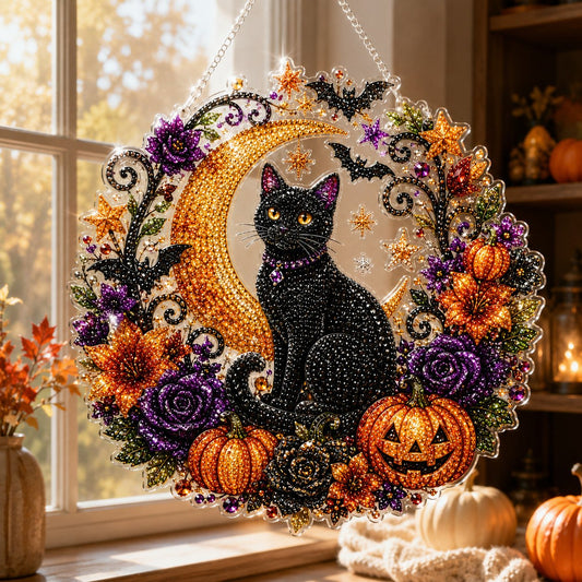 🎃Last Day 50% OFF-🎃Halloween Black Cat Moon Diamond Art Hanging Ornament Kit