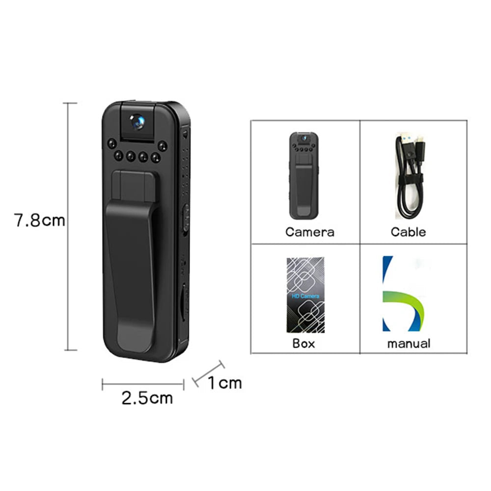 Mini body camera dimensions and package contents