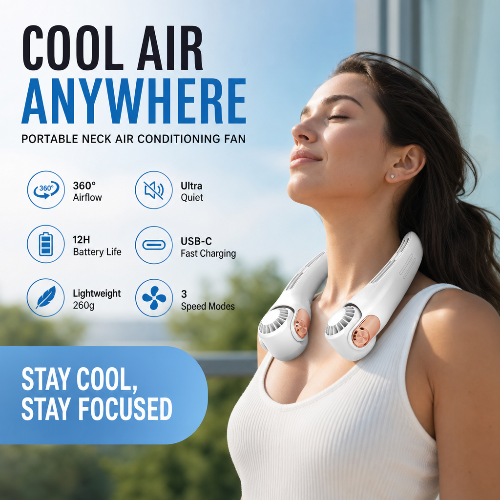 🥳2026 HOT SALE🥳💨50% OFF!🍃Neck Air Conditioner Fan – Ultra‑quiet, 360° rotating, 3 speeds. Hands‑free cooling, long battery. Summer essential! 😎🌬️