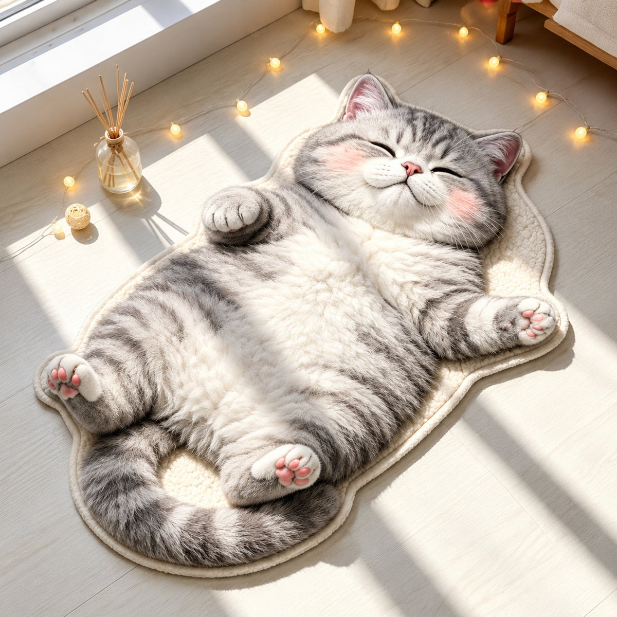 🐱 Chubby Tabby Cat Rug – Soft Washable Animal-Shaped Floor Mat