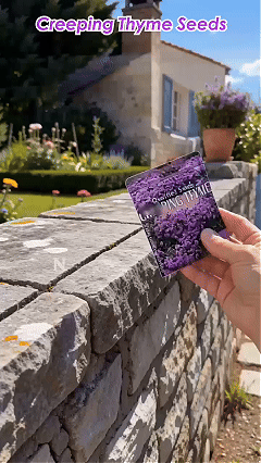 Creeping thyme seed packet in a garden