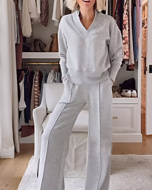 Einfarbiges zweiteiliges Set für Damen: V-Ausschnitt-Oberteil & Hose