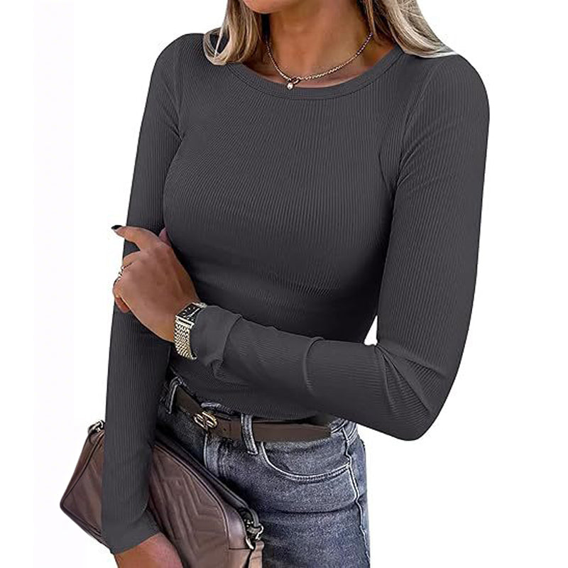 Women Long Sleeve Crewneck Rib Knit Slim Fit Shirts Basic Tee Tops