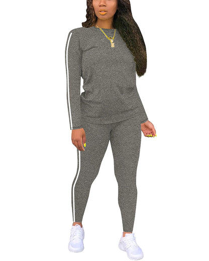 Women's Striped Print Long Sleeve Top & Pants Two-piece Set
