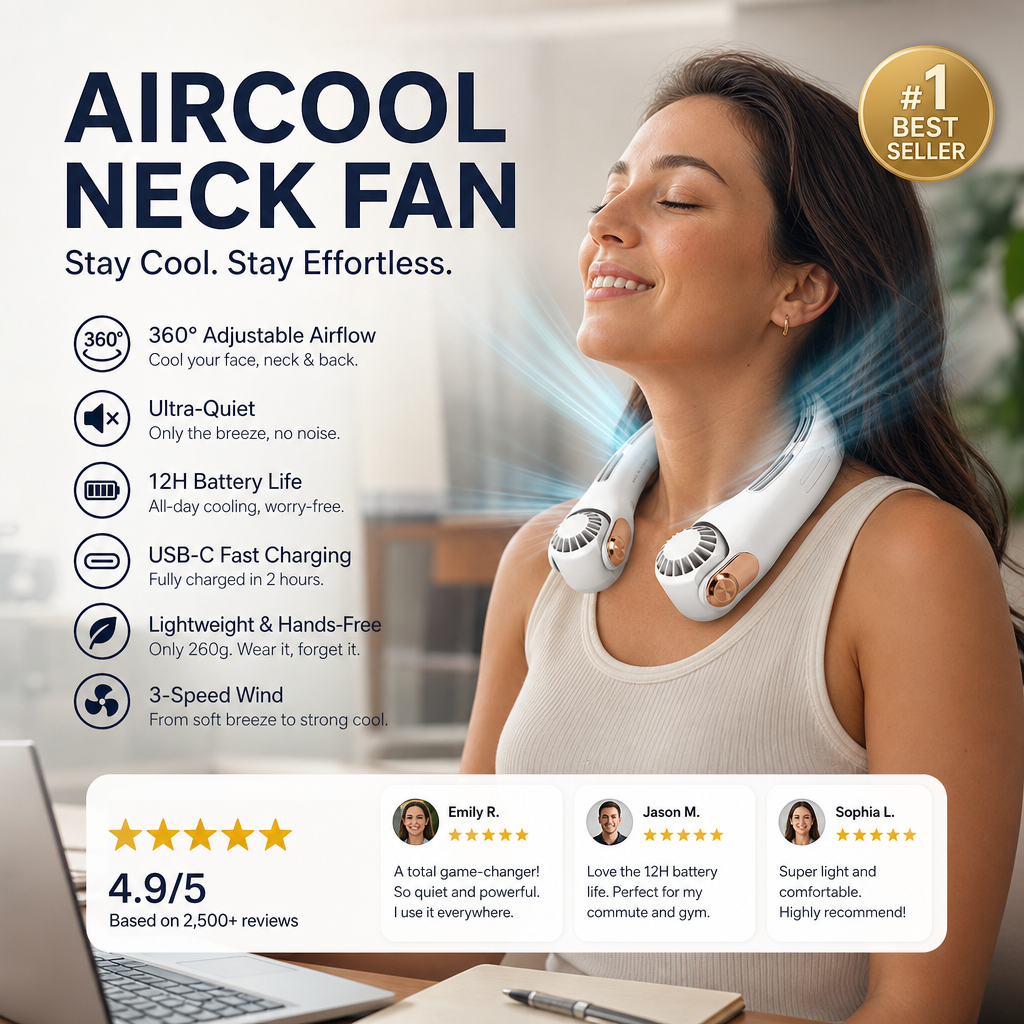 🥳2026 HOT SALE🥳💨50% OFF!🍃Neck Air Conditioner Fan – Ultra‑quiet, 360° rotating, 3 speeds. Hands‑free cooling, long battery. Summer essential! 😎🌬️