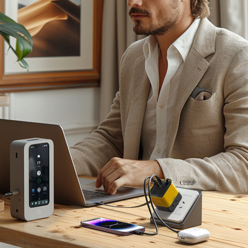 Compact charger being used for laptop phone and earbuds