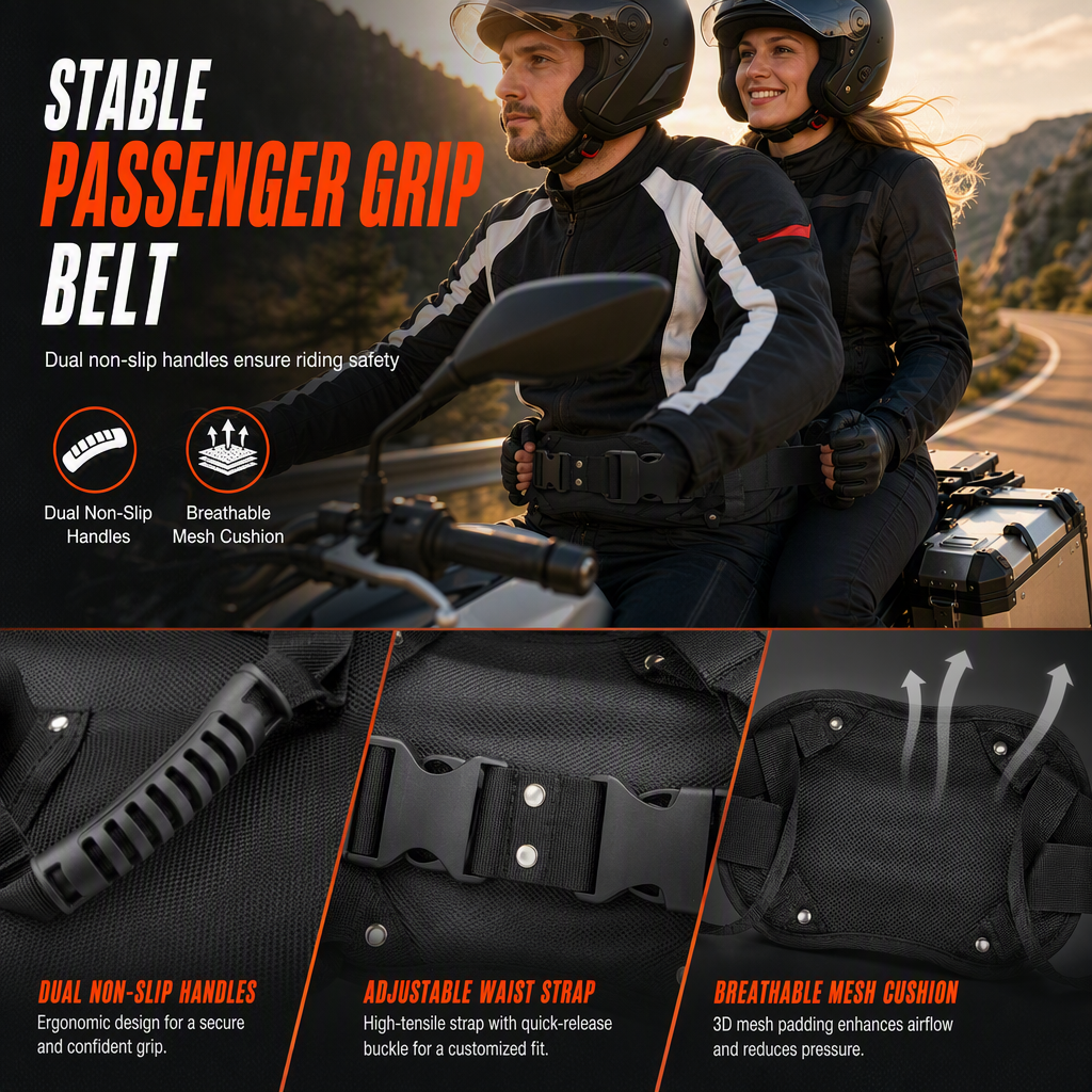 🏍️ Motorcycle Passenger Grip Belt – Adjustable Waist Strap with Dual Handles