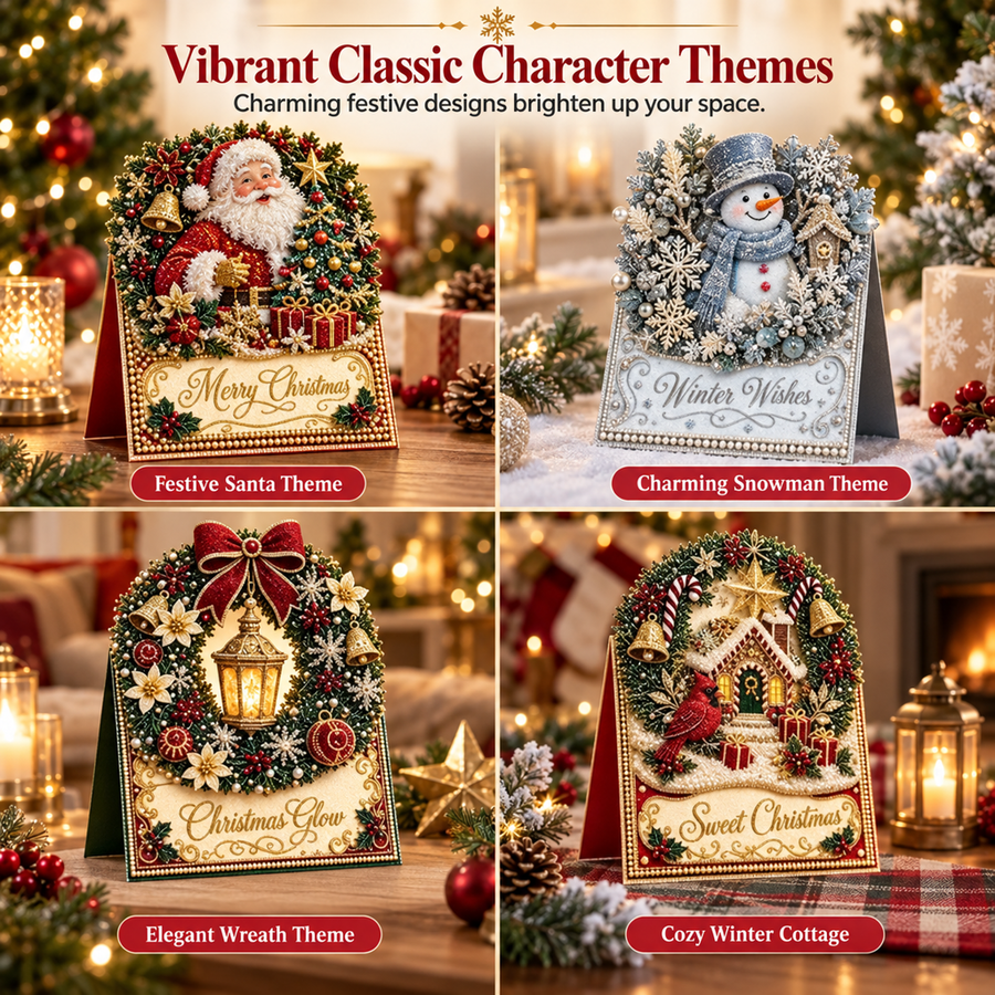 Standing Christmas cards with Santa, snowman and wreath themes