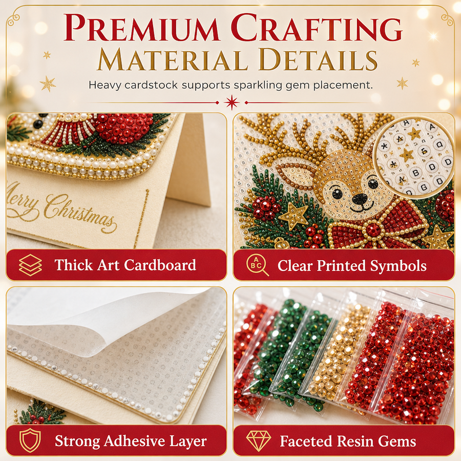 Cardstock, adhesive symbols and resin gems for DIY Christmas cards