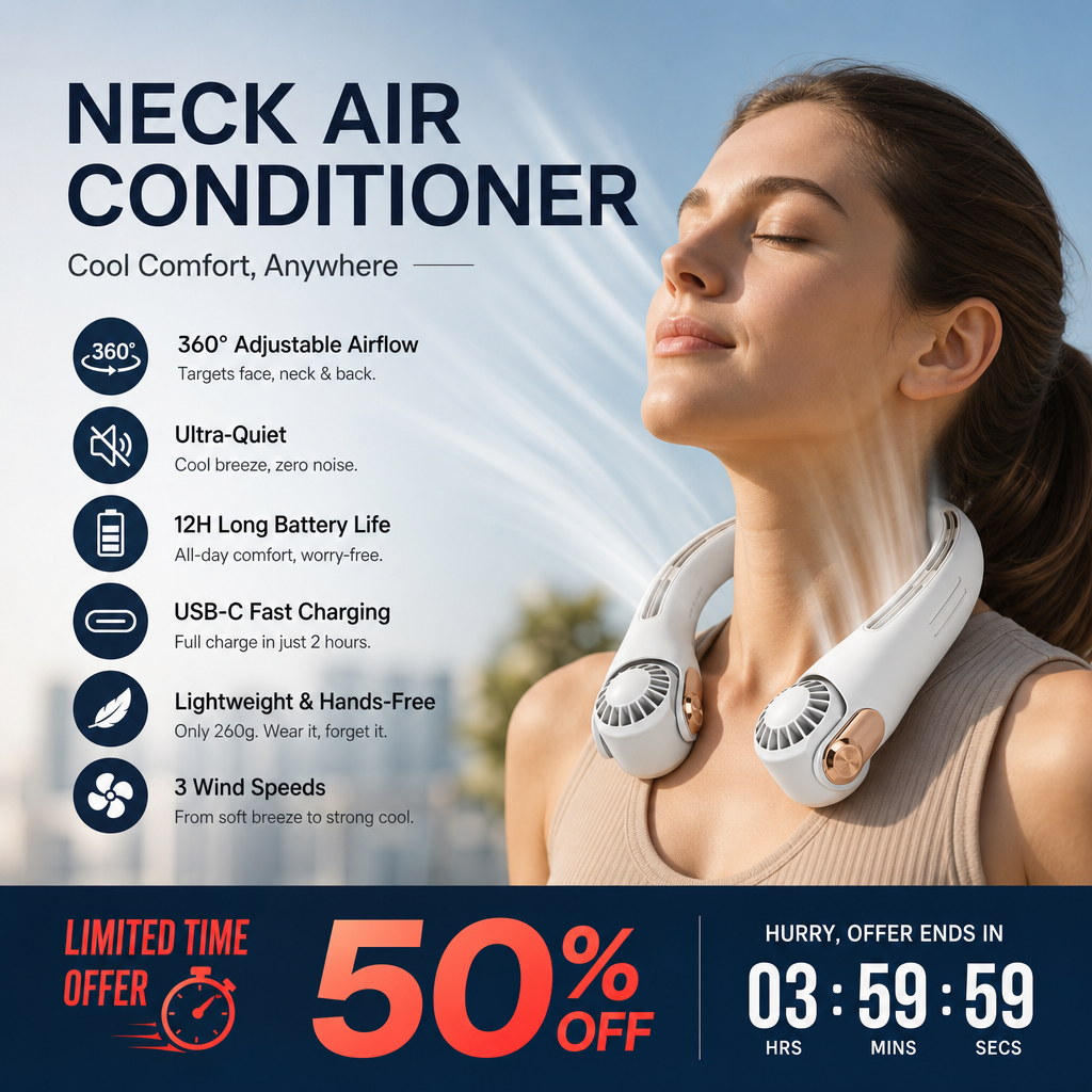 🥳2026 HOT SALE🥳💨50% OFF!🍃Neck Air Conditioner Fan – Ultra‑quiet, 360° rotating, 3 speeds. Hands‑free cooling, long battery. Summer essential! 😎🌬️